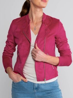 Kettlewell Rachel Faux Suede Hot Pink Gerbera Cropped Biker Jacket EUC Size M